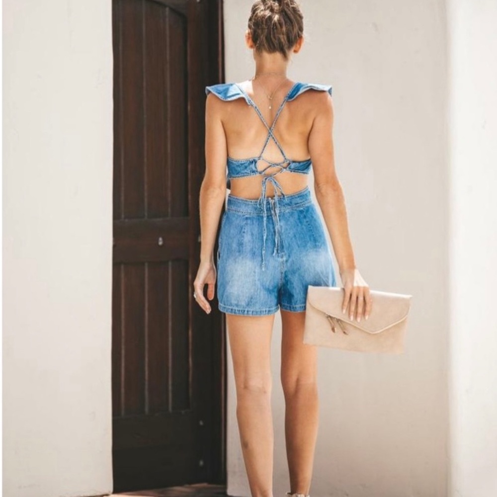 La Sangria Pocketed Lace Up Back Denim Romper - Picture 2 of 2